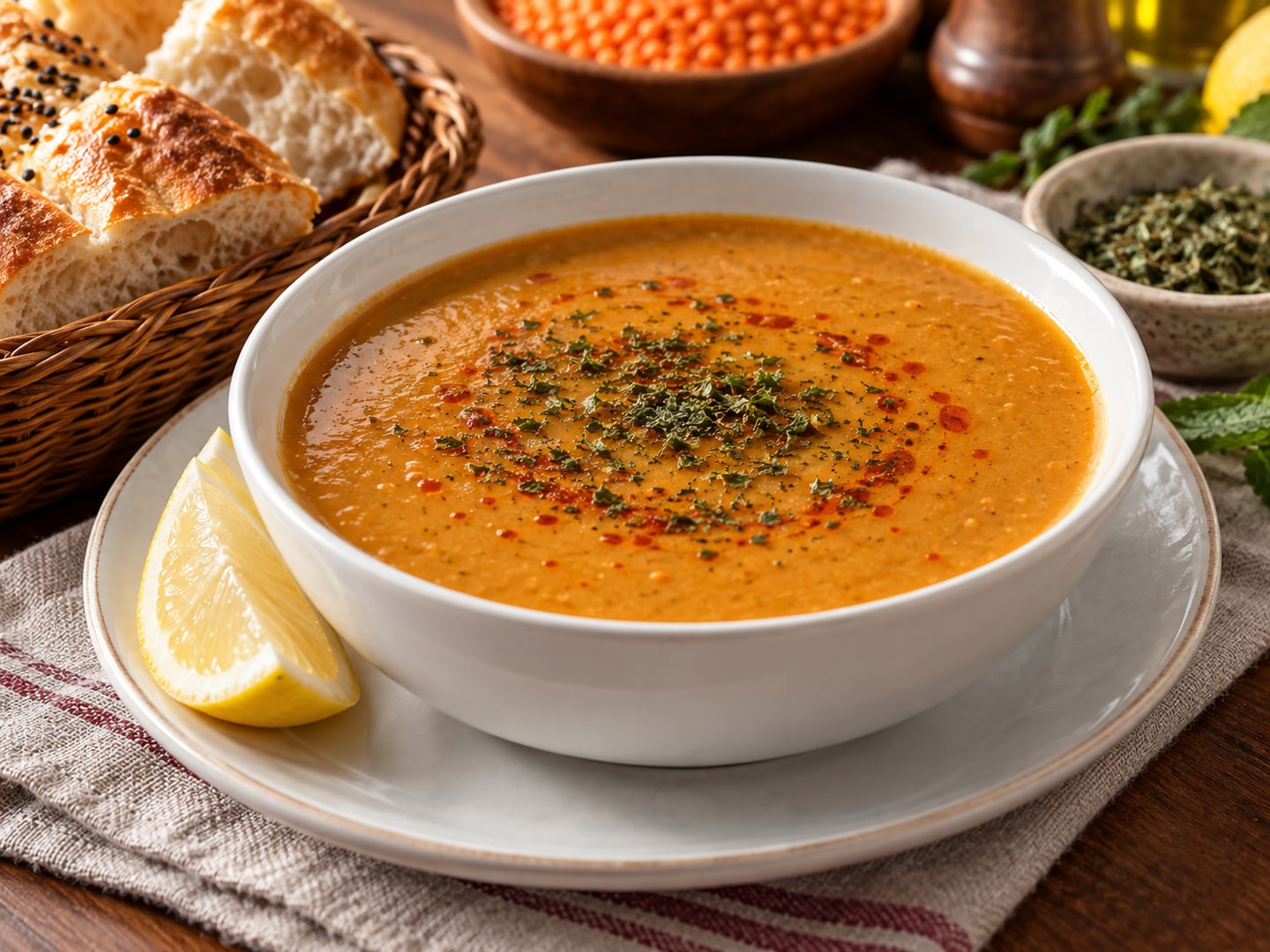Sıcak servis edilen mercimek çorbası